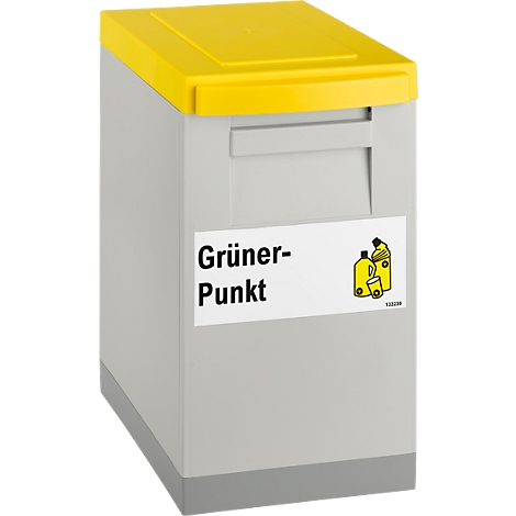 Grey waste container with yellow lid, inscription: Grüner Punkt, logo with bottles.