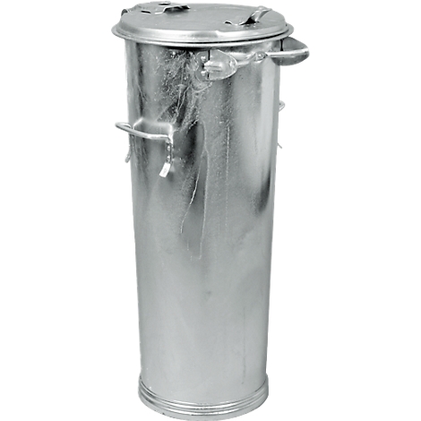 Silver colored trash can with lid and handles.