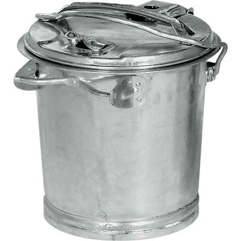 Metal bucket with lid and handles. The bucket is silver, with a lid. Two handles on the side.