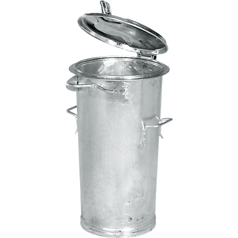 Silver trash can with an open lid and handles.