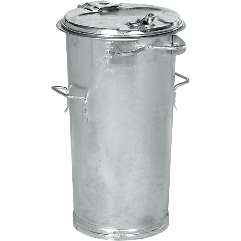Metal trash can with lid and handles. The lid is closed.