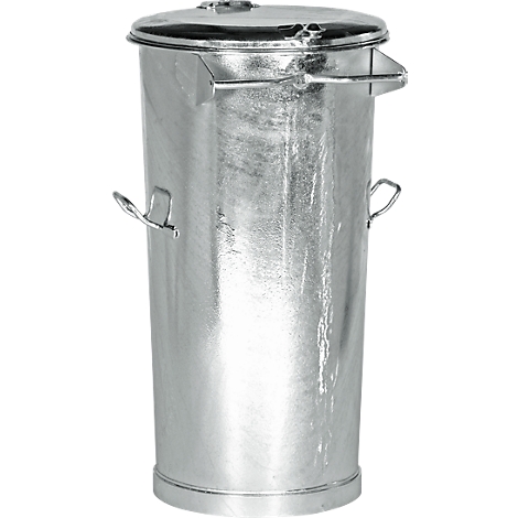 A silver metal trash can with a lid and handles.