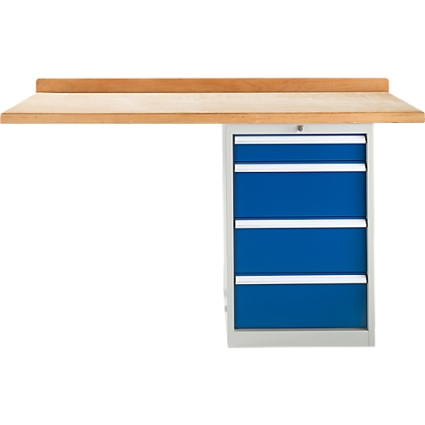Workbench with wooden top and blue drawers.