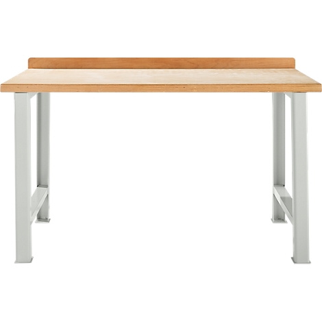 Workbench with light wood top and grey metal legs, against a white background.