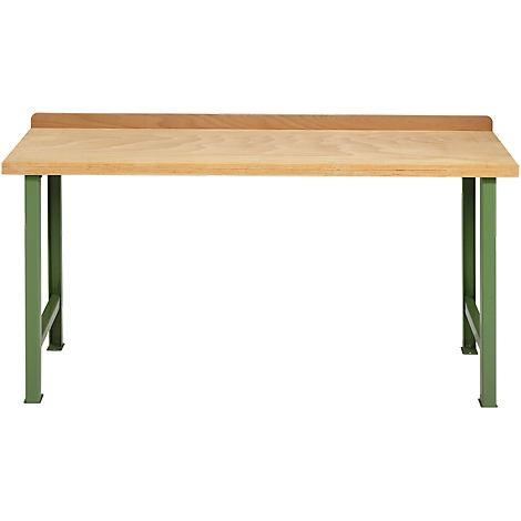 A wooden table with a light brown tabletop and green legs, against a white background.