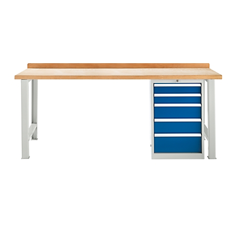 Workbench with light brown wooden top, silver legs and blue drawers.
