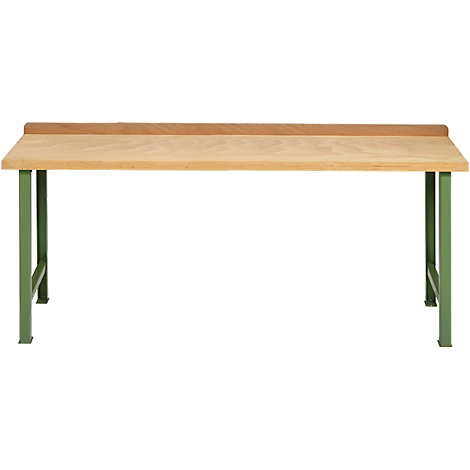 Wooden table with green legs, front view. The table top is light, and the legs are green.