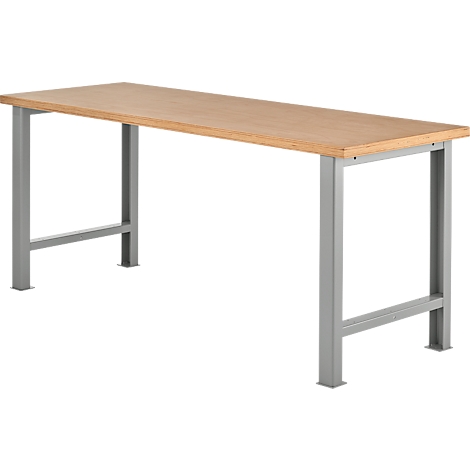 Workbench with light brown wooden top and silver metal legs.