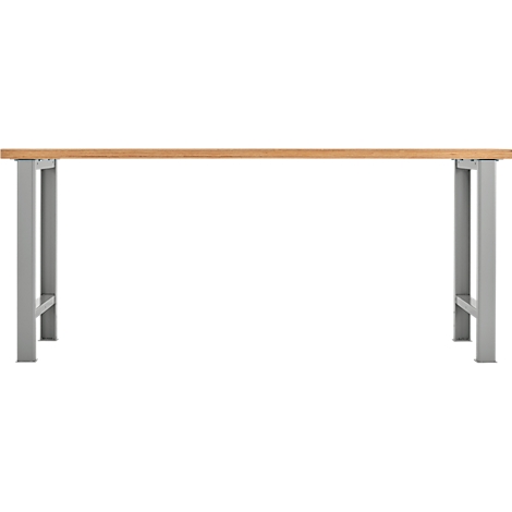 A workbench with a light brown tabletop and gray steel legs, isolated against a white background.