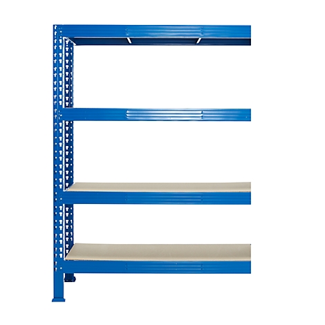 Estantería metálica azul con cuatro estantes. Los estantes son de color gris claro.