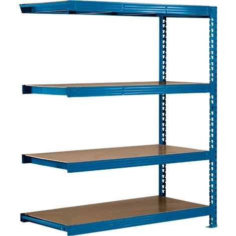 Estantería azul con cuatro estantes apoyados en soportes metálicos.
