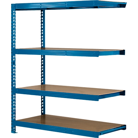 Estantería azul con cuatro estantes. Los estantes son de madera, el soporte es de metal.