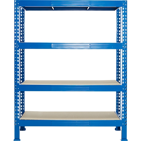 Estantería metálica azul con cuatro estantes grises sobre fondo blanco.