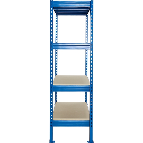 Estantería azul con cuatro estantes. Tableros de madera sobre un marco de metal.