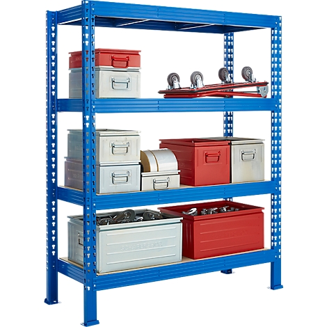 Estantería metálica azul con varias cajas de herramientas y accesorios rojos y plateados.