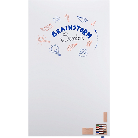 Pizarra blanca con "Brainstorm Session" y garabatos. Bolígrafos y accesorios de colores en la parte inferior.