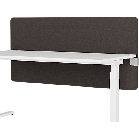 White desk with dark brown fabric partition. Silver bracket connects desk and partition.