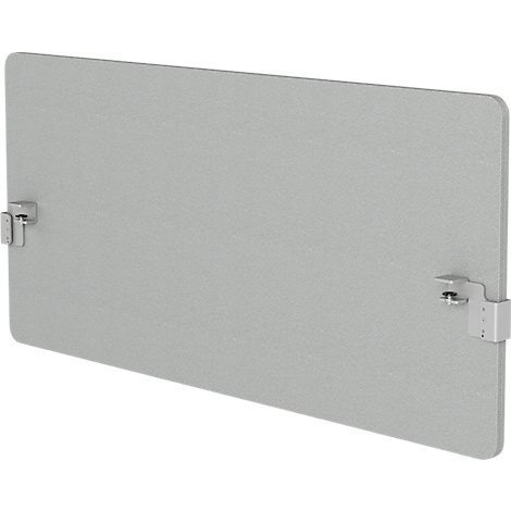 Gray rectangular metal plate with rounded corners, with two silver brackets attached.