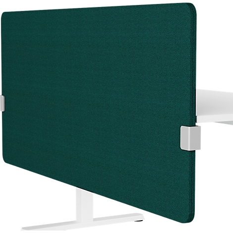 Green felt desk partition, attached to a white desk with white brackets.