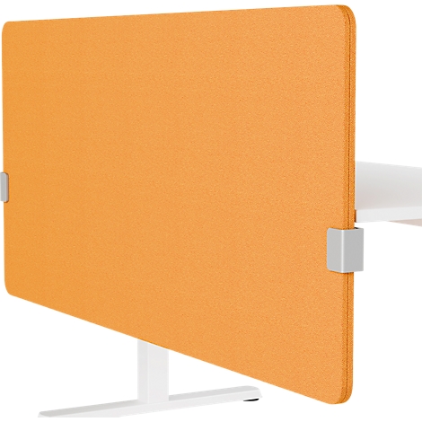 Orange desk divider attached to white table. Gray clamps hold it in place. On light surface.