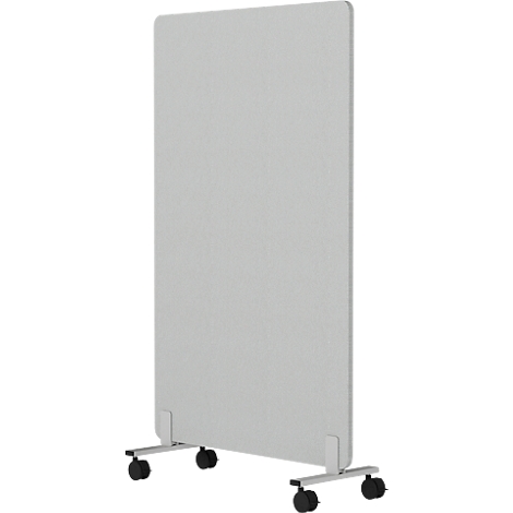 Grijze, mobiele scheidingswand met wieltjes. Rechthoekige vorm, afgeronde hoeken, staat op een wit frame.