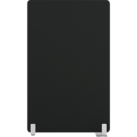 Zwart rechthoekig scheidingswand met witte voeten. Het staat rechtop en is gefotografeerd tegen een witte achtergrond.