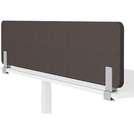 Dark brown rectangular desk screen with metal mounting, attached to a white table top.