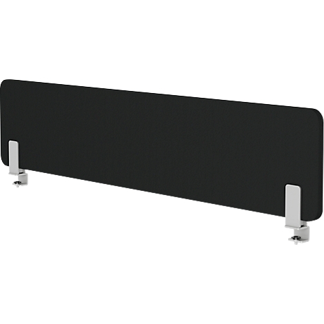 Black desk screen with two silver clamps for attachment.