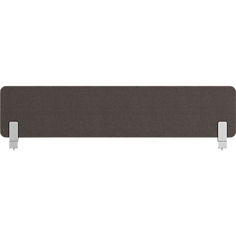 A rectangular dark grey desk divider with two white feet.