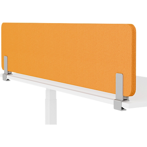 Orange felt desk divider, attached with silver clamps to a white desk.