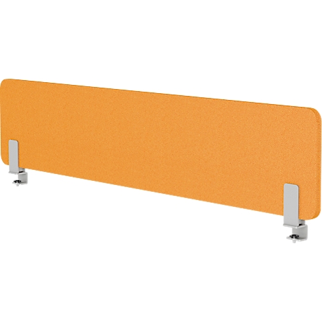 Orange desk divider with metal clamps for attachment.