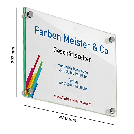 Glazen bedrijfsbord met de tekst "Farben Meister & Co" en openingstijden. Veelkleurige kleurexplosie rechtsonder. Afmetingen: 420x297 mm. Geschroefd in de hoeken.