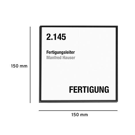 Rechthoekige zwarte lijst met witte achtergrond. Bovenaan staat 2.145, daaronder Fertigungsleiter Manfred Hauser. Onderaan staat FERTIGUNG.