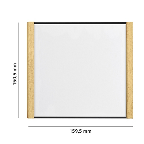 Vierkante fotolijst met houten strips, zwart frame en witte binnenoppervlakken. Afmetingen: 150,5 x 159,5 mm.