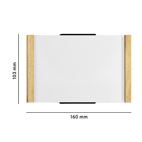 Een rechthoekige wandlamp met houten frame, afmetingen 160 x 103 mm.