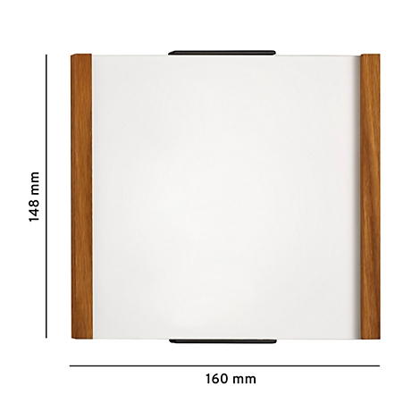 Rechthoekige witte spiegel met houten frame. Zwarte beugels aan de boven- en onderkant. Afmetingen: 148 mm x 160 mm.