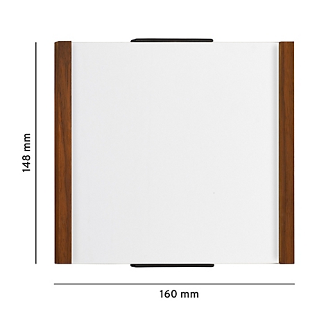 Rechthoekig wit frame met houten frame. Zwarte handgrepen aan de boven- en onderkant. Afmetingen: 160 x 148 mm.