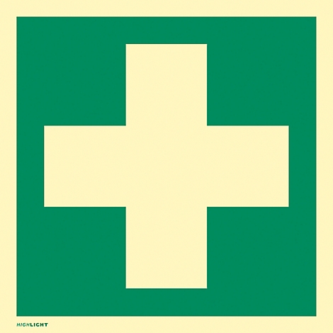 A green square sign with a white cross in the middle, a sign for first aid.