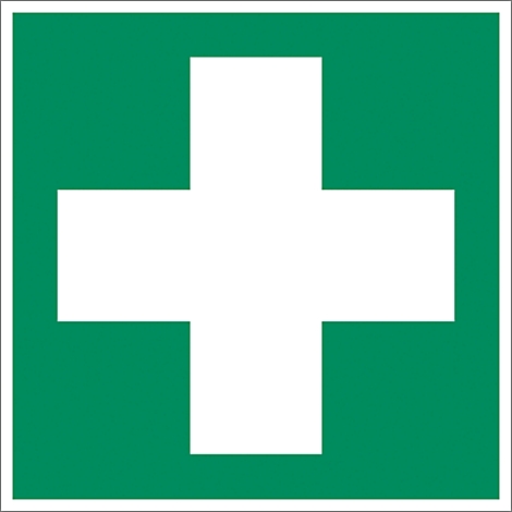 Square sign with white cross on a green background. A first aid symbol.
