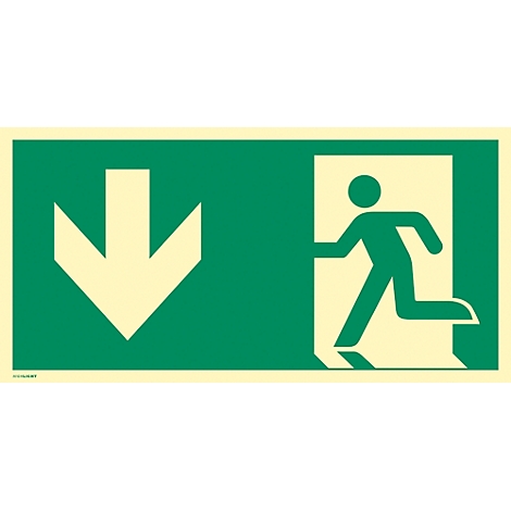 Grünes Schild: Pfeil nach unten und Person, die aus einer Tür rennt.