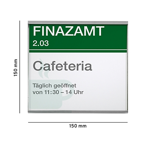 Bord met de tekst "FINAZAMT 2.03 Cafetaria. Dagelijks geopend van 11:30 - 14 uur."