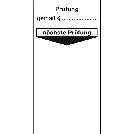 Schwarz-weiß Grafik mit Text: Prüfung, gemäß Paragraf…, nächste Prüfung. Ein schwarzer Pfeil zeigt nach unten.