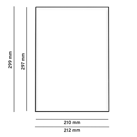 Rechthoekig zwart frame met een wit interieur. Afmetingen: 299 mm x 212 mm. Inscriptie: 210 mm, 297 mm.