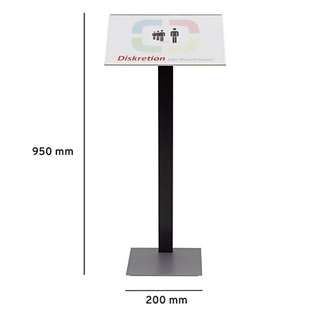 Infoständer mit weißem Schild, schwarzem Gestell und quadratischem Fuß. Auf dem Schild steht Diskretion und Piktogramme.