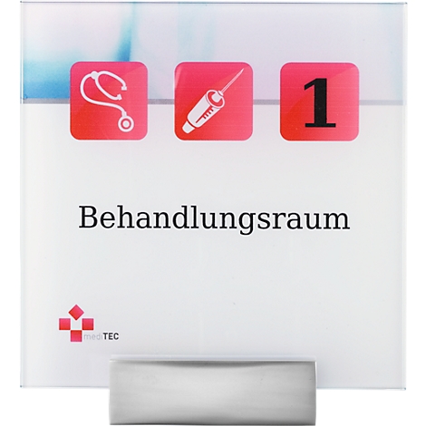 Bord met symbolen voor stethoscoop, spuit en nummer 1. Tekst: Behandelingsruimte. Daaronder een houder.