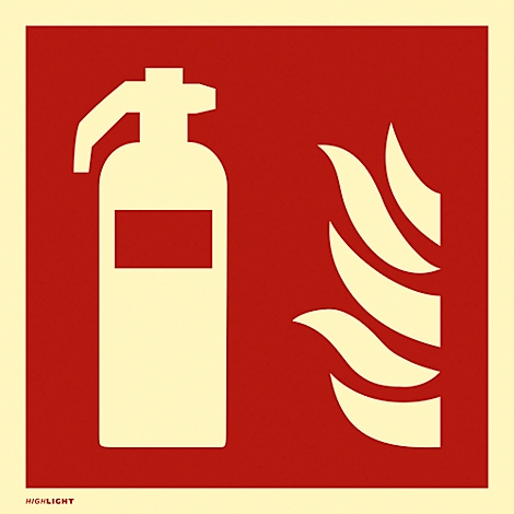 Panneau de sécurité incendie. Fond rouge avec extincteur blanc à gauche et flammes à droite.
