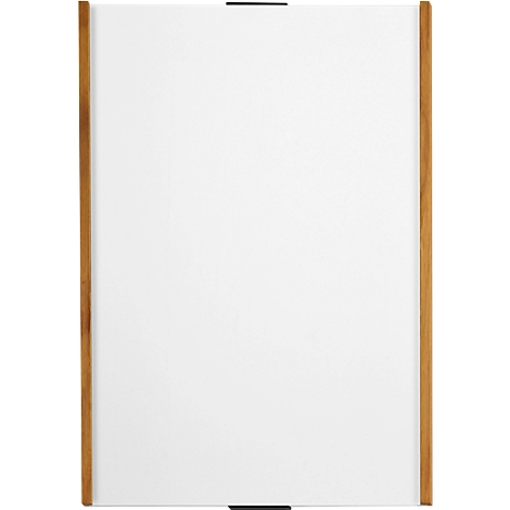 Étagère rectangulaire blanche avec cadre en bois brun. Supports noirs en haut et en bas.