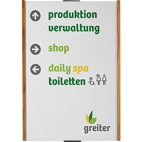 Panneau indicateur avec flèches et textes tels que production, administration, boutique, spa quotidien et toilettes.