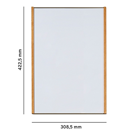 Un cadre rectangulaire en bois clair avec un champ intérieur blanc. Dimensions : 422,5 x 308,5 mm.