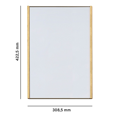 Un miroir rectangulaire avec un cadre en bois. Dimensions : 422,5 mm x 308,5 mm.